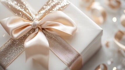 Closeup of a Luxurious Ribbon Tied Around a White Box with Sparkling Glitter and a Knotted Ribbon Top Down View