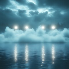 Obraz premium Night lake scene, misty, lights, forest, reflection, moody, atmospheric, background, design