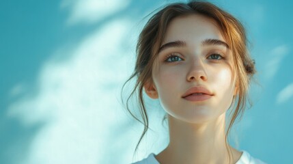 Medium shot featuring young 30s Student in White Clothes Photography with Blue Background