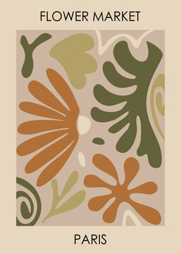 Abstract Flower Market Paris poster. Trendy botanical wall arts with floral design in sage green colors. Modern naive groovy funky interior decoration, painting. Vector art illustration.