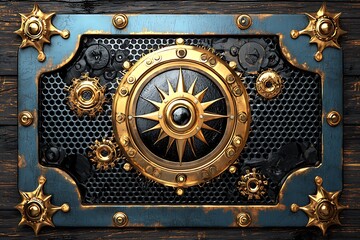 Fototapeta premium Steampunk Sun Gear Wooden Panel.