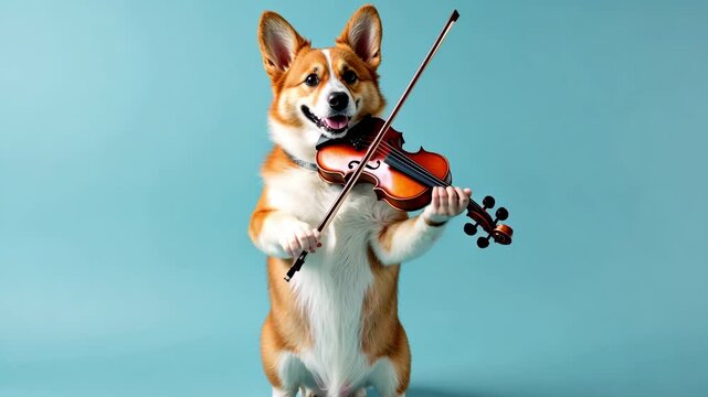 Playful dog with violin showcasing talent and joy in a vibrant blue background, perfect for comical and artistic projects