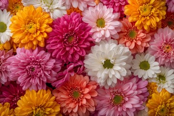 Vibrant floral arrangement of chrysanthemums and daisies in a colorful, dynamic composition