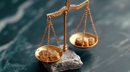 Close-up of an ornate gold-scale on gray stone featu two gold nuggets in pans against a dark teal marble background highlighting luxury and elegance