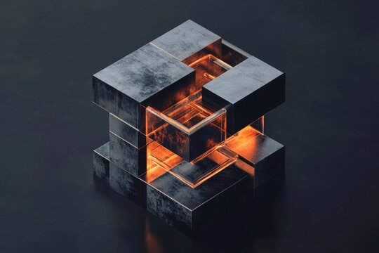 Isometric view of an abstract cuboid with gray metal surfaces and vibrant copper accents