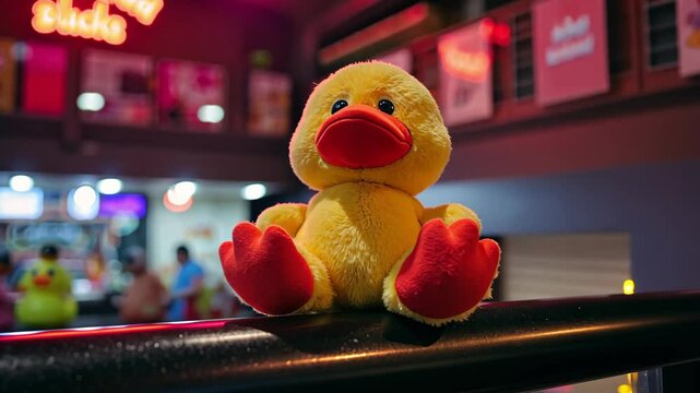 Cute yellow rubber duck toy sitting on railing in vibrant neon-lit environment at a playful attraction or fun zone in the evening