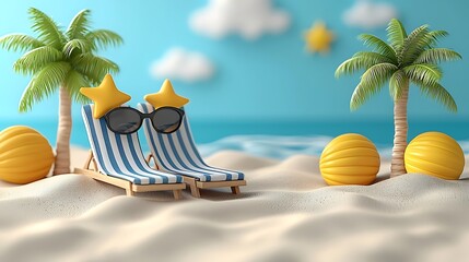 Relaxing Summer Beach Scene with Lounge Chairs