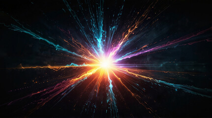 Naklejka premium vibrant explosion of light radiates outward, showcasing spectrum of colors including blue, orange, and purple. This dynamic visual evokes sense of energy and movement, perfect for creative
