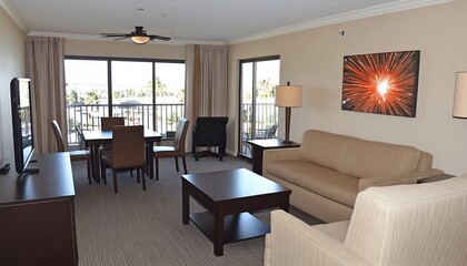 Fototapeta premium Well appointed modern living room furniture with a view