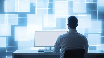 man sits desk, focused blank computer screen, surrounded by futuristic blue background with glowing geometric shapes, evoking sense of innovation