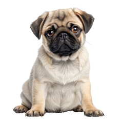 Cute pug dog with expressive eyes sitting calmly, showcasing its playful nature and charm