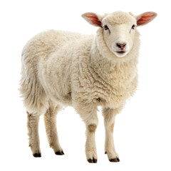 Fluffy white sheep standing on plain background, showcasing its soft wool and gentle expression