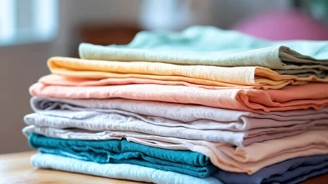 A stack of soft, folded fabrics in pastel shades of green, yellow, peach, lavender, white, and blue rests on a wooden surface with a blurred background.