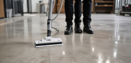 Employee using wet wipes and vacuum on floor for deep clean , floor, cleanliness