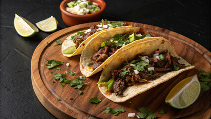 Tacos de Cabeza: corn tortilla, juicy pieces of dark meat, lime wedges and pickled red onions