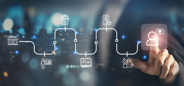 Customer experience journey map concept. Seamless customer experience. A visual representation of the customer journey from product discovery to purchase and engagement, featuring digital icons.