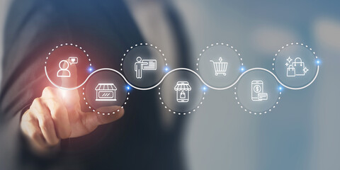 Seamless customer experience concept. Touching screen for providing personalized support throughout the customer journey from product discovery to purchase and engagement, featuring digital icons.