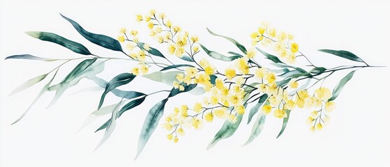 A delicate watercolor bouquet of Australian wattle flowers in soft yellow, paired with light green leaves