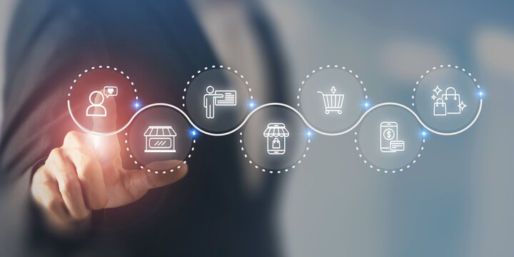 Seamless customer experience concept. Touching screen for providing personalized support throughout the customer journey from product discovery to purchase and engagement, featuring digital icons.