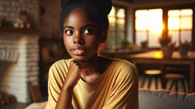 Young african american woman is sitting  on the couch in the living room in front of big window. Girl gives an interview at sunset. 