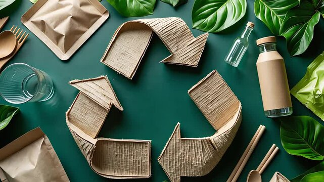 Eco-friendly tableware and recyclable materials arranged around a cardboard recycling symbol with green leaves

