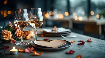Romantic Dinner Table Setting with Wine Glasses and Heart Shaped Plate