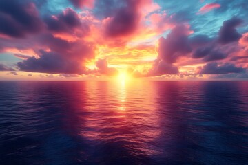 Obraz premium Ocean sunset, vibrant clouds, calm sea, travel backdrop