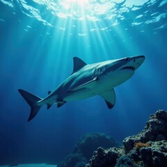 Naklejka premium Enormous blue shark swimming in open ocean, marine life, wildlife