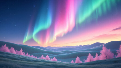 Obraz premium stunning landscape featuring vibrant auroras in shades of green, pink, and purple illuminating night sky over rolling hills. serene scene evokes sense of wonder and tranquility