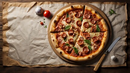 pizza with salami and tomatoes