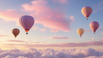 Fototapeta premium Balloons float gracefully in sky, surrounded by soft clouds and pastel sunset. scene evokes sense of freedom and adventure, perfect for those who dream of exploring skies
