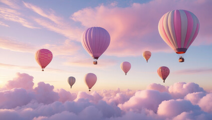 Obraz premium Breathtaking hot air balloons float gracefully in pastel sky, surrounded by fluffy clouds, creating serene and dreamy atmosphere. soft colors evoke sense of tranquility and wonder