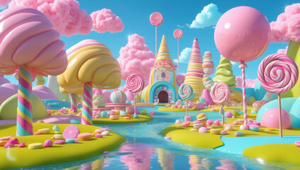 whimsical candyland scene featuring colorful trees, oversized lollipops, and fluffy pink clouds. vibrant landscape is filled with sweets, creating joyful and enchanting atmosphere