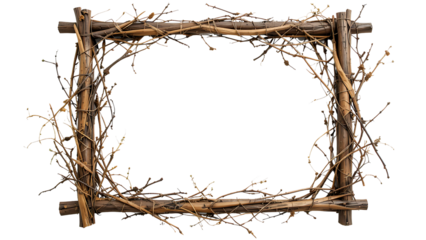 Rustic Wooden Frame Made of Twigs isolated on transparent background.