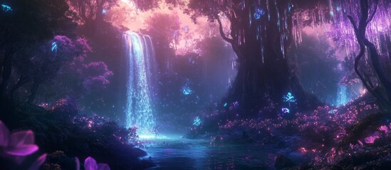 A magical glowing forest with towering crystal trees, shimmering waterfalls flowing upward, fantasy art style.