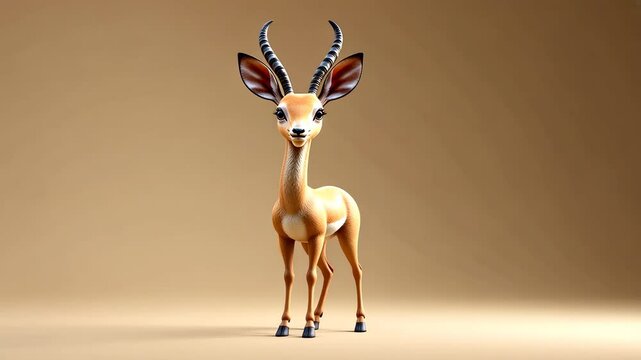 Cartoon Gerenuk Antelope Standing with Horns and Big Eyes on Beige Background in Studio Lighting