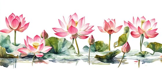 Obraz premium A fresh and vibrant watercolor illustration of Indian lotus flowers in bright pink and white
