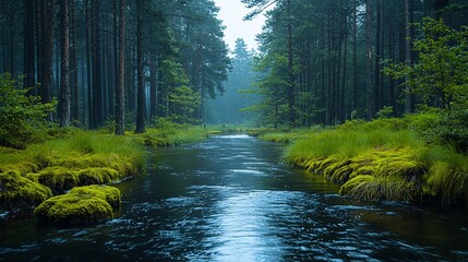 Obraz premium Misty forest stream, green moss, tranquil scene.