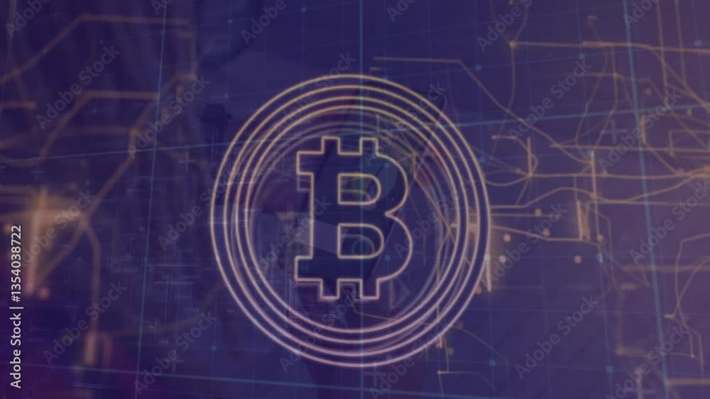 Poster bitcoin symbol with digital network and data processing animation in background
