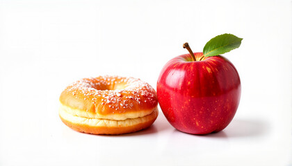 Donut with cream filling and a red apple on a white background for blogs, websites, food-related content, health awareness, nutrition education, recipes, and culinary presentations