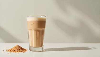 Iced coffee drink beside coffee powder on minimalistic background for blogs, websites, beverage marketing, menu design, social media posts, and digital art showing coffee culture