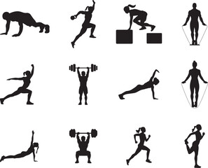  Fitness, fitness woman and man workout silhouettes set, various fitness exercises and  gym workout performed by men and women. 