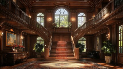 Obraz premium Grand wooden staircase dominates an elegant interior of a mansion