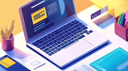 A vibrant workspace featuring a laptop with coding on the screen, colorful stationery, and a bright background