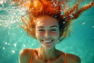 Happy beach vibes all around. Perfect summer vacation moment. Bright Ñommercial style. White woman smiling in water. Happy tropical retreat. Carefree energy of a sunny vacation.
