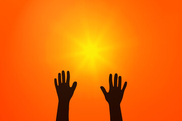 Hands raised to the sky. Yellow sun in red sky.