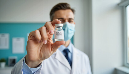 Doctor displaying malaria vaccine in healthcare setting for blogs, websites, medical awareness campaigns, educational materials, health information, and vaccination promotion