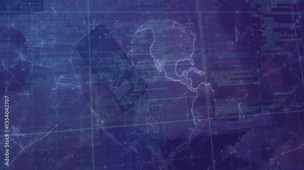 Poster digital animation of smartphone and map with data processing in network connections