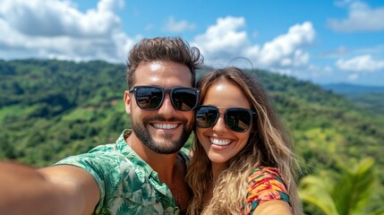 Happy Couple Takes a Selfie on a Tropical Mountain Vacation