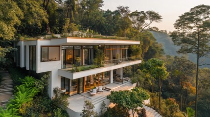 Fototapeta premium Luxury house,a dreamy, nature-harmonized modern white glass villa on a Ramsar hillside